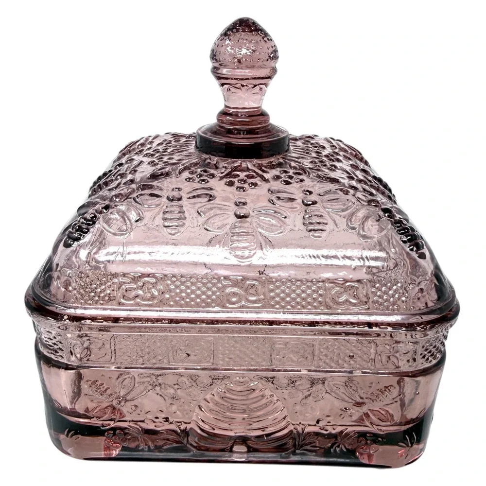 Indiana Glass Bee Box Candy Dish Amethyst Purple Excellent Beehive Motif Lid
